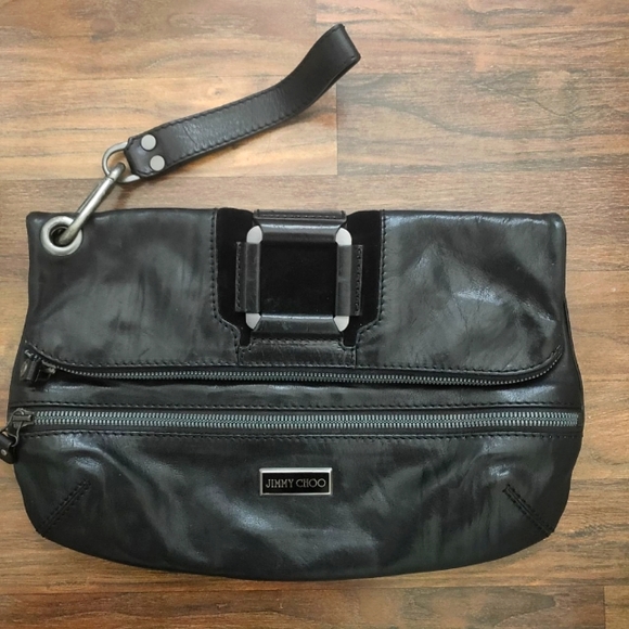 Jimmy Choo Black Leather And Suede Marin Oversized Wristlet Clutch - Picture 1 of 8